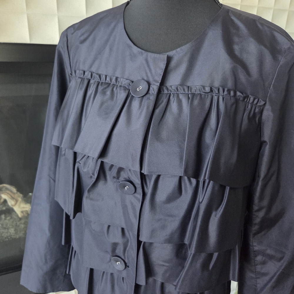 J. Crew 100% Silk Jacket Blazer, Ruffle Tiered Navy Single Button Closure Size 8 - Picture 2 of 6